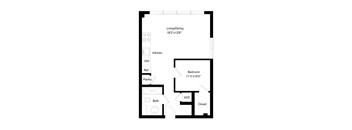 A floor plan of a small apartment with a living/dining area, kitchen, bathroom, bedroom, pantry, and closet.