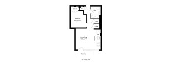A floor plan of a small apartment with a bedroom, living room, and kitchen.