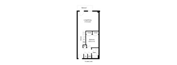A floor plan of a balcony apartment with a kitchen, bathroom and bedroom.