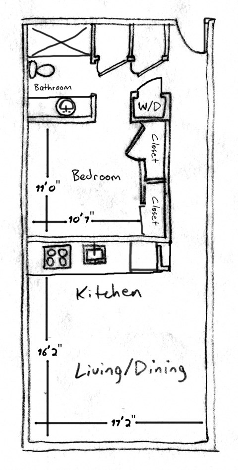 a sketch of a floor plan of a kitchen and living room
