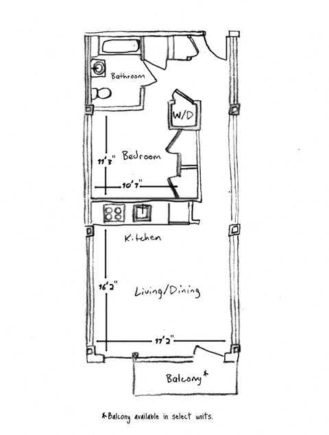 A drawing of a floor plan for a house with a balcony.