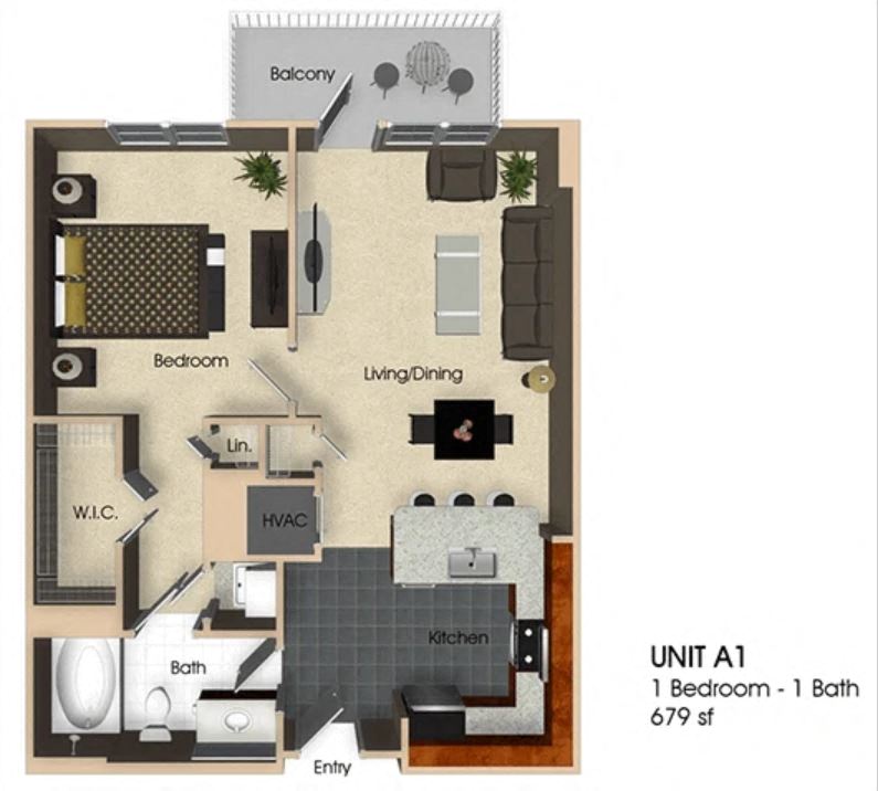 (A1) 1 Bedroom - 1 Bathroom floor plan