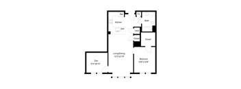 A black and white image of a floor plan for a living/dining room, kitchen, and two bedrooms.