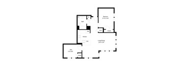 A floor plan of a house with a den, bedroom, living/dining area, kitchen, bathroom, and closet.