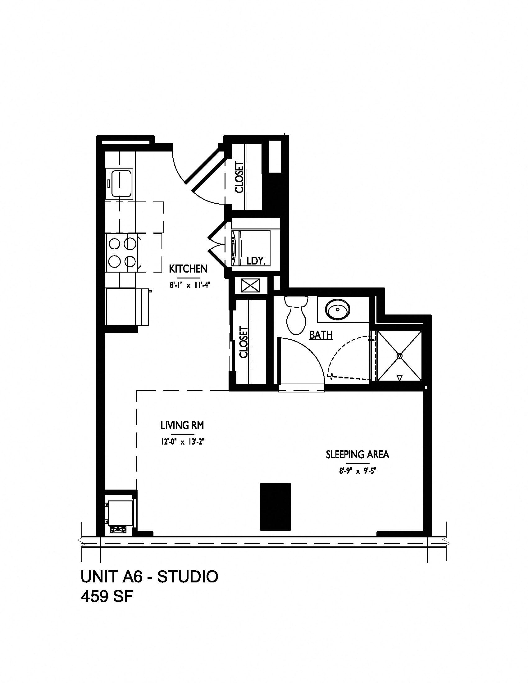 Studio 1 bath Floor Plan  A6 at 1919 Market St., Pennsylvania