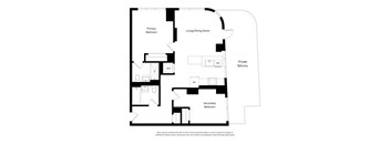 A floor plan of an apartment with a living/dining room, two bedrooms, a private balcony, and a laundry room.