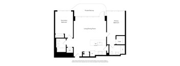 A floor plan of an apartment with a living/dining room, two bedrooms, a closet, and a private balcony.