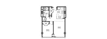 A floor plan of a small apartment with a living room, bedroom, and kitchen.