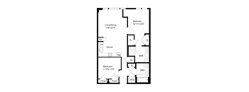 A black and white image of a floor plan for a small apartment.