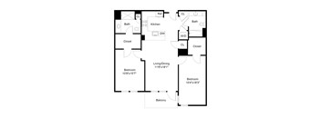 A black and white image of a floor plan for a two bedroom apartment.