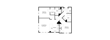 A black and white image of a floor plan for a small apartment.