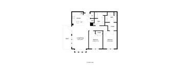 A black and white floor plan of a house with a living room, dining room, kitchen, two bedrooms, a bathroom, and a deck.