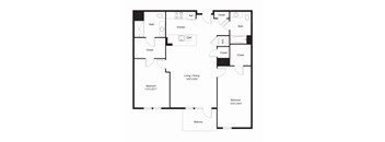 A black and white image of a floor plan for a two-bedroom apartment.