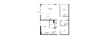A floor plan of a house with a living room, kitchen, two bathrooms, and a den.