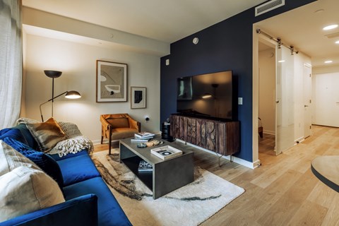 a living room with a blue couch and a tv on a blue accent wall