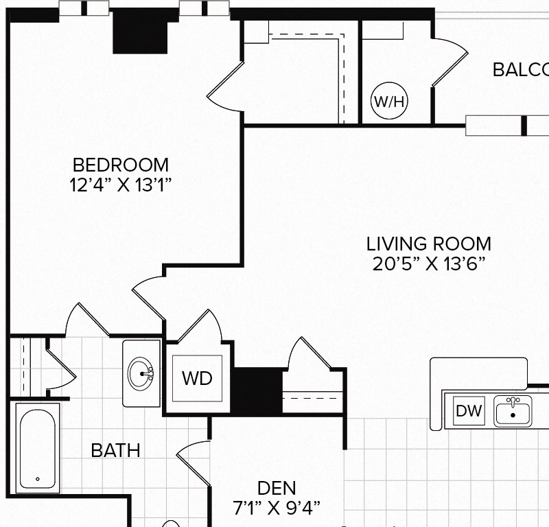 1 bed 1 bath floorplan for The Cambridge, at Wentworth House, Maryland, 20852