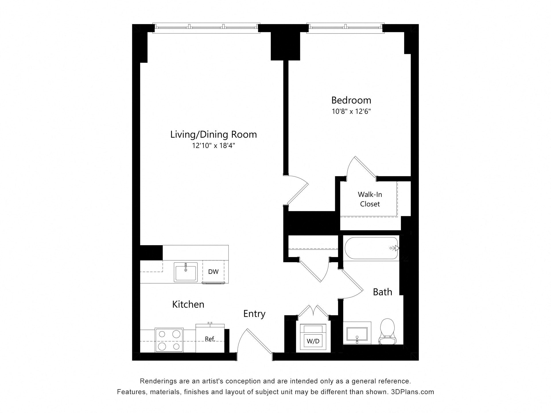 One bedroom floor plan at Continuum, White Plains, NY, 10606