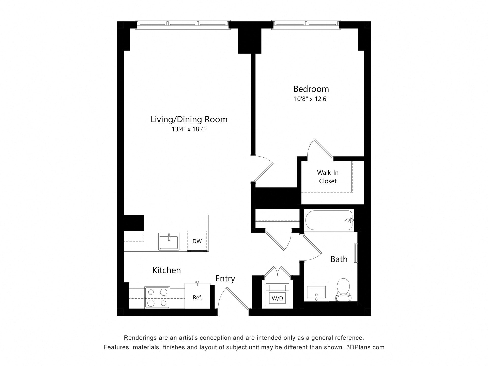 One bedroom floor plan at Continuum, White Plains, NY, 10606