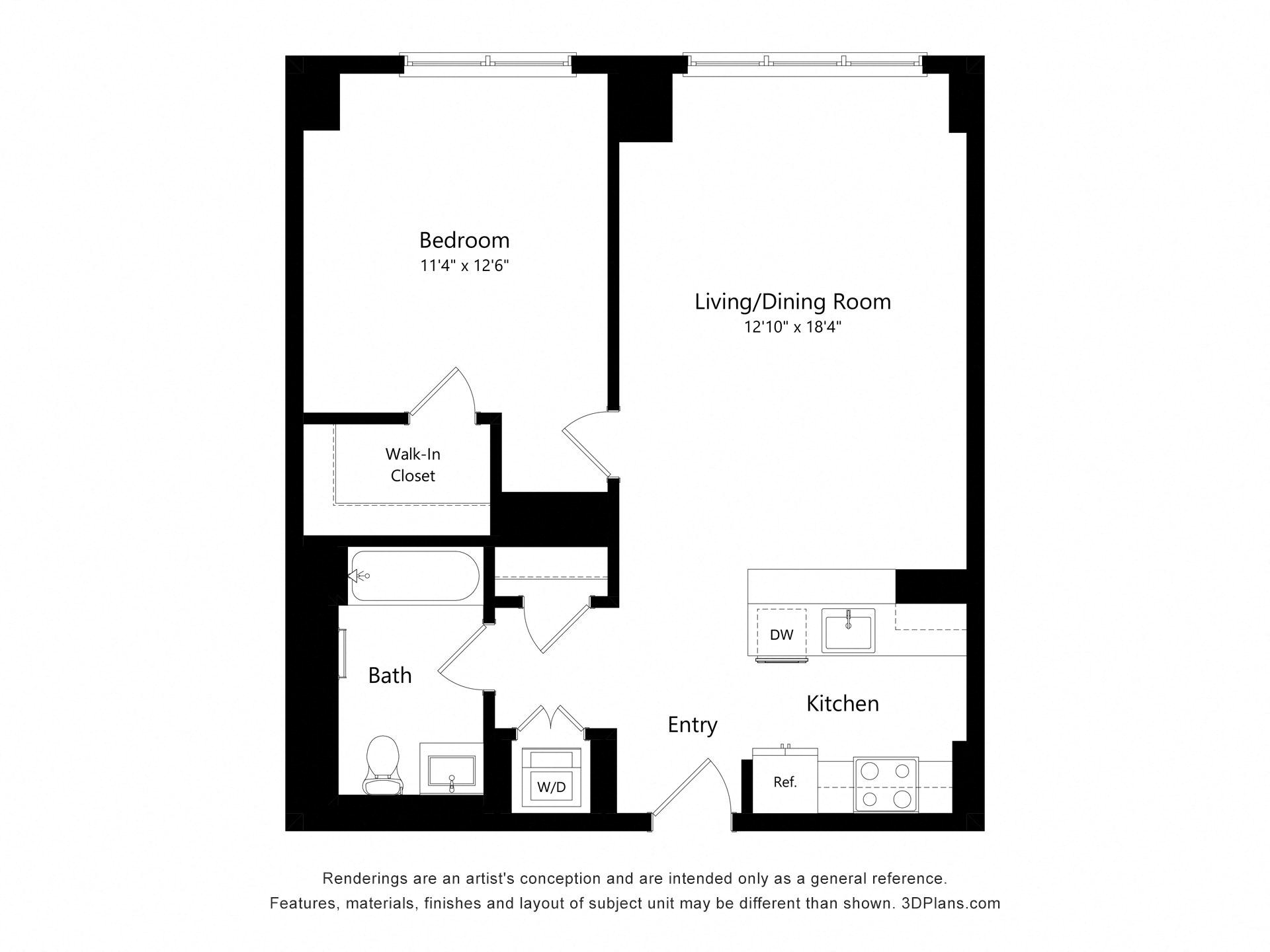 One bedroom floor plan at Continuum, White Plains, NY, 10606