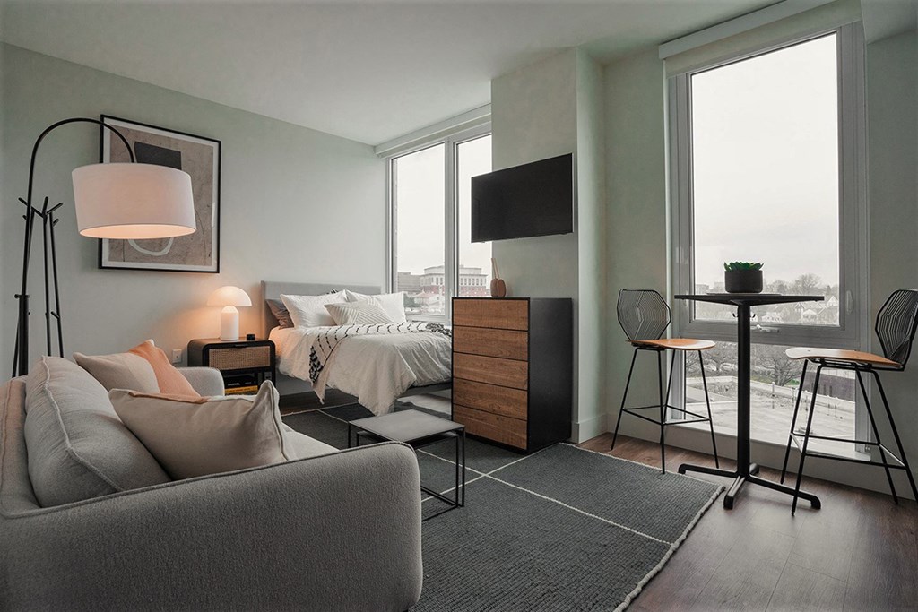 a studio apartment with a bed and a couch and a table