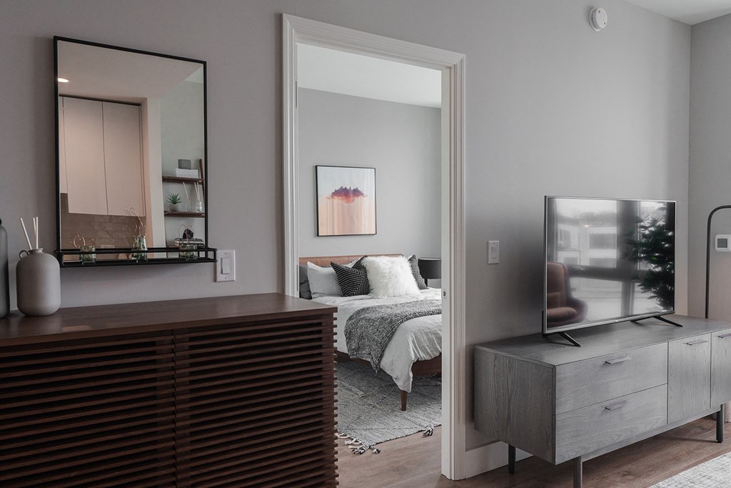 a bedroom with a bed and a dresser and a mirror