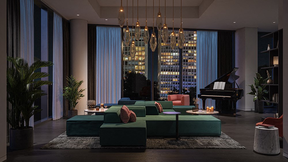 The Ryland Room - an amenity space with seating and piano