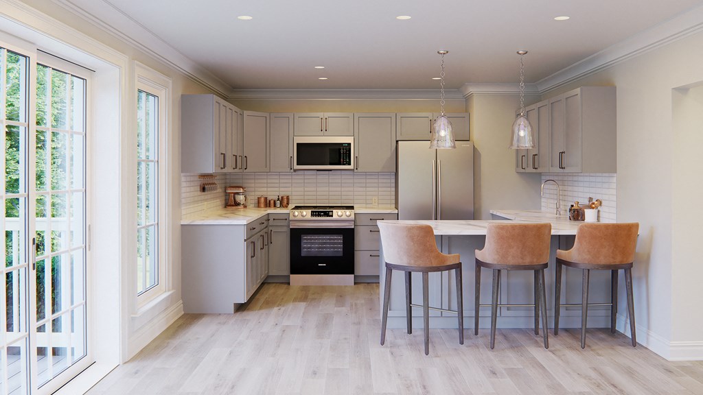 Rendering of newly renovated kitchen with new cabinets, quartz countertops, stainless steel appliances, new flooring