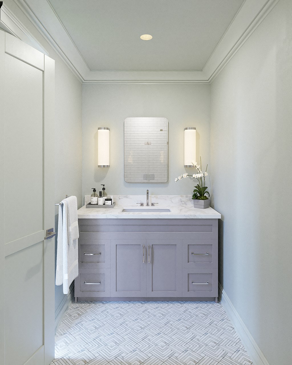 Rendering of newly renovated bathroom with new cabinets, new finishes, new lighting, updated flooring