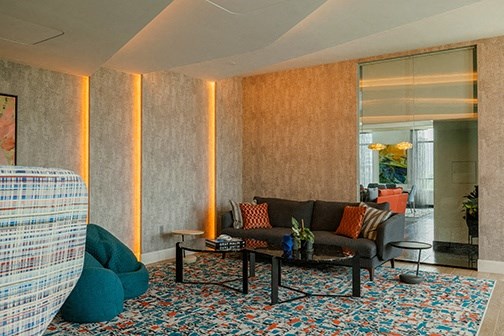 a living room with a couch and a coffee table