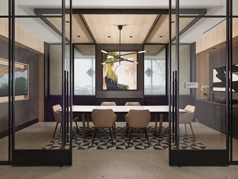 a rendering of a conference room with glass walls and a large table and chairs