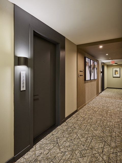 a large black door is at the end of a long hallway with a large carpeted floor