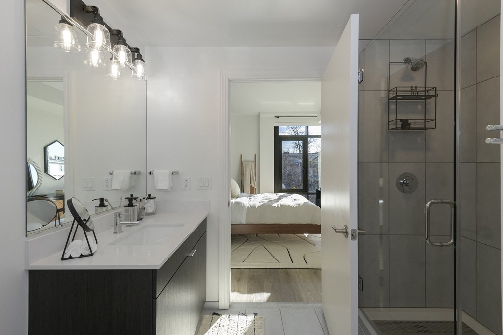 a view of the bathroom with the bedroom in the background