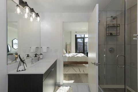 a view of the bathroom with the bedroom in the background