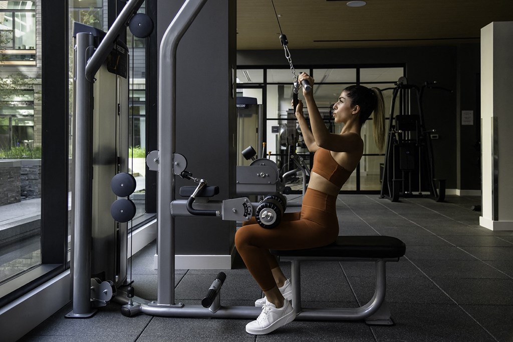 a woman on a swing at the gym at Arrowwood Apartments, North Bethesda