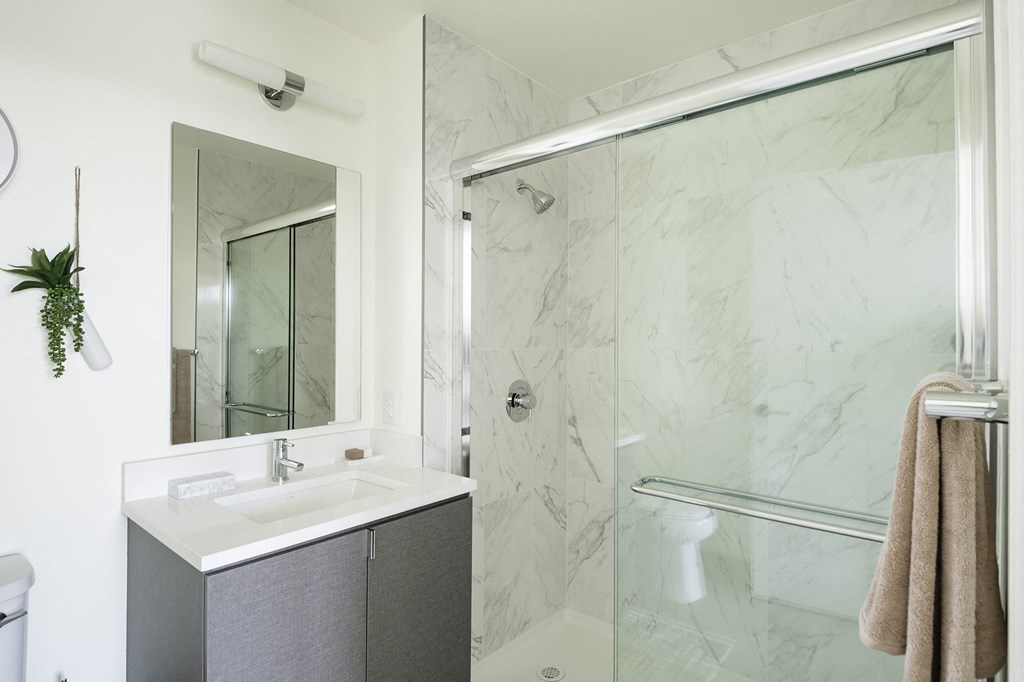 interior bathroom shower and modern vanity lighting at Continuum, White Plains, 10606