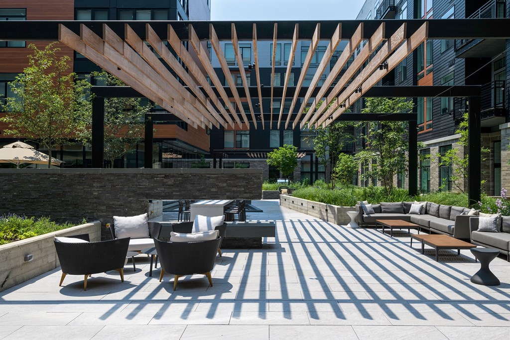 Shaded Lounge Area at Arrowwood Apartments, North Bethesda