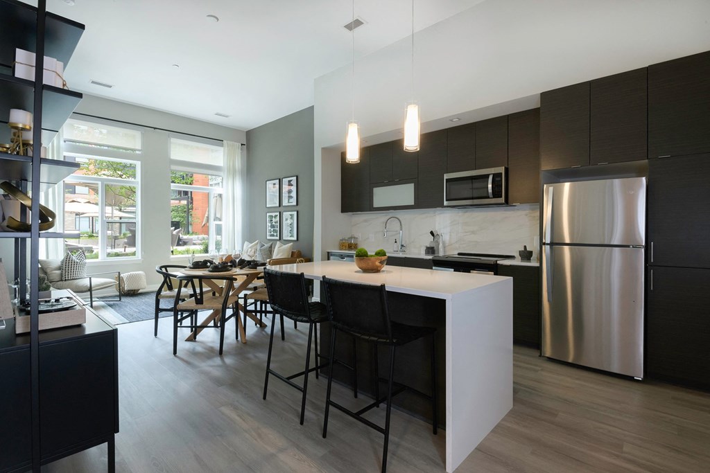 Kitchen Island layout spacious dining room at Arrowwood Apartments, North Bethesda