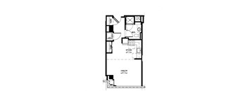 A floor plan of a small apartment with a living room, kitchen, and bathroom.