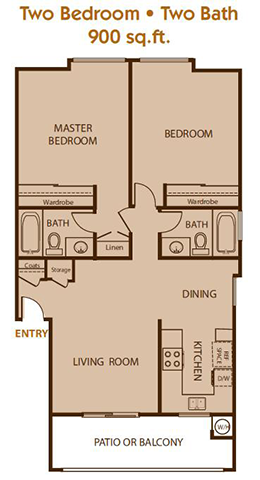 2 Bed 2 Bath Floor Plan at Concord Square Apartments, Riverside, CA, 92507