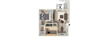 A 3D floor plan of a small apartment with a kitchen, living room, and bedroom.