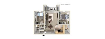 A cutaway diagram of a small apartment layout.