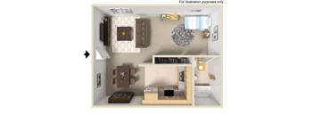 A 3D illustration of a room with a bed, a desk, and a chair.
