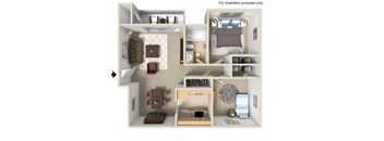 A diagram of a small apartment layout with a kitchen, living room, and bedroom.