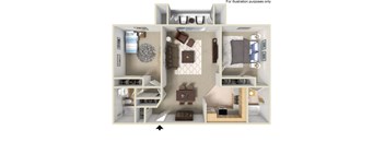 A 3D floor plan of a small apartment with a kitchen, living room, and bedroom.