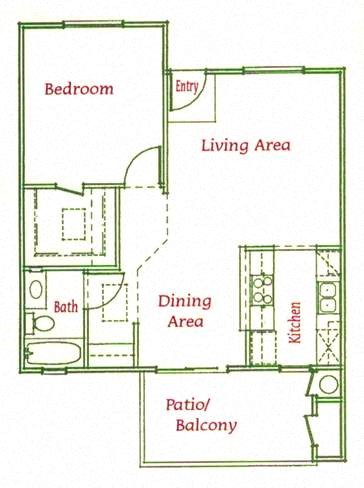 One Bedroom Floor Plan at Redlands Towne Square Apartments, Perris, California