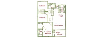Three Bedroom Floor Plan at Redlands Towne Square Apartments, California, 92571