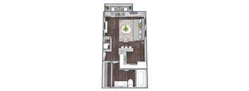 A top-down view of a house layout with a central dining area and surrounding rooms.