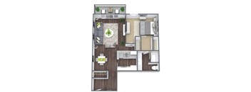 A floor plan of a house with a kitchen, living room, and dining area.