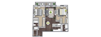 A floor plan of a house with a kitchen, living room, dining room, and two bedrooms.