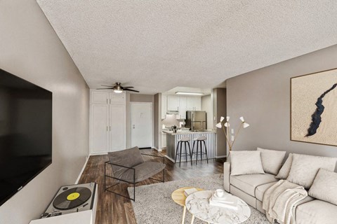 A living room with a couch, a coffee table, and a television.